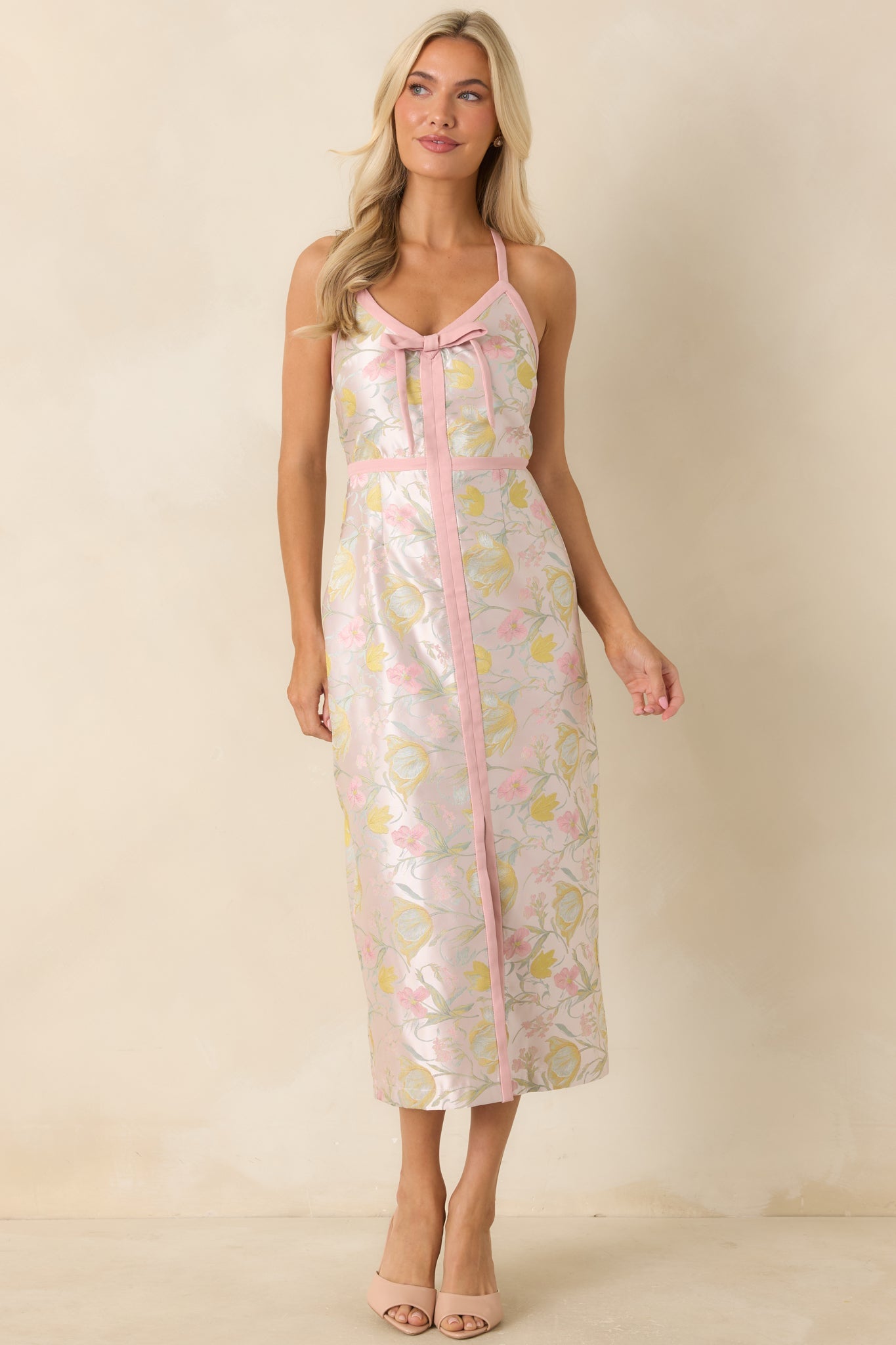 Pinkies Up Pink Shimmer Floral Jacquard Midi Dress