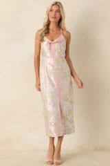 Pinkies Up Pink Shimmer Floral Jacquard Midi Dress