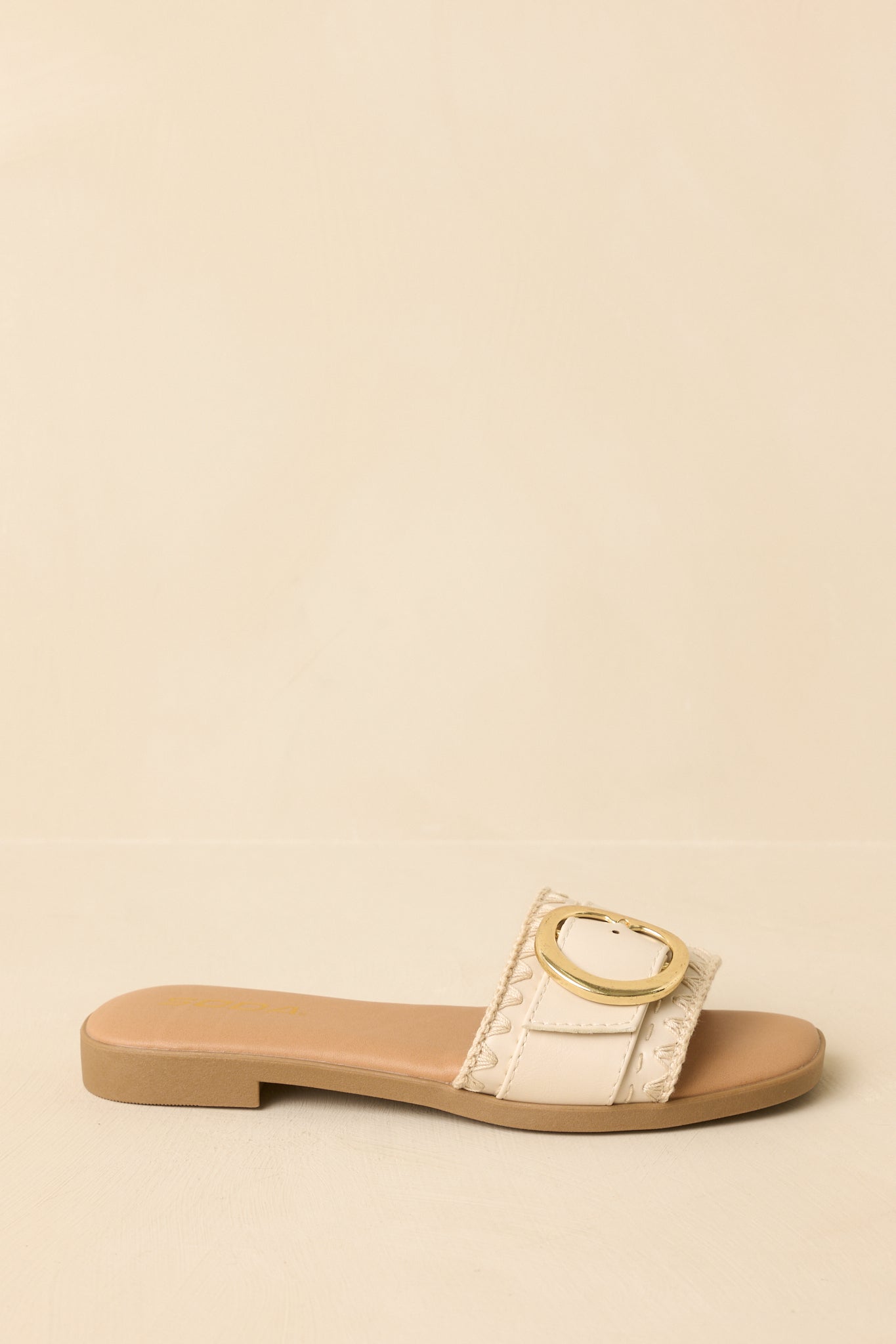 New Adventures Beige Faux Leather Buckle Strap Slide Sandals