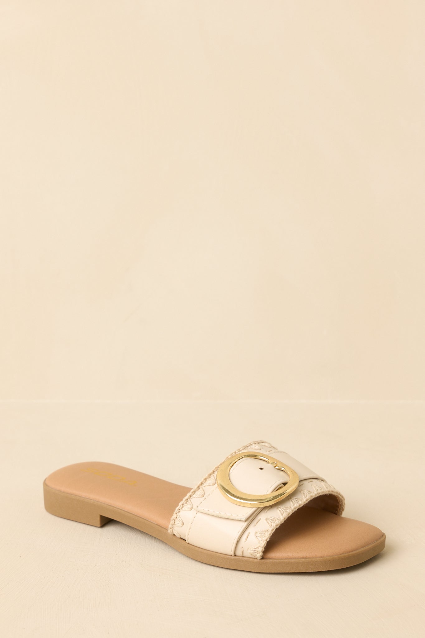 New Adventures Beige Faux Leather Buckle Strap Slide Sandals