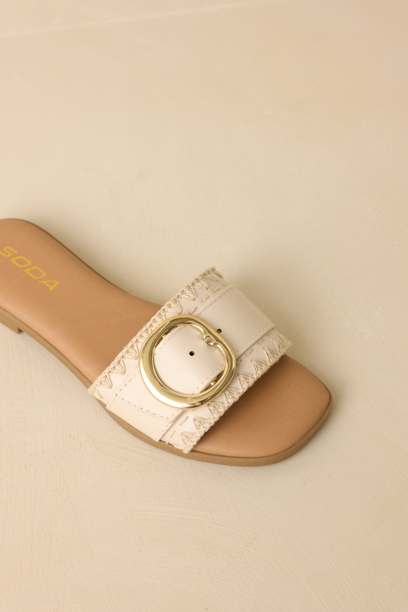 New Adventures Beige Faux Leather Buckle Strap Slide Sandals