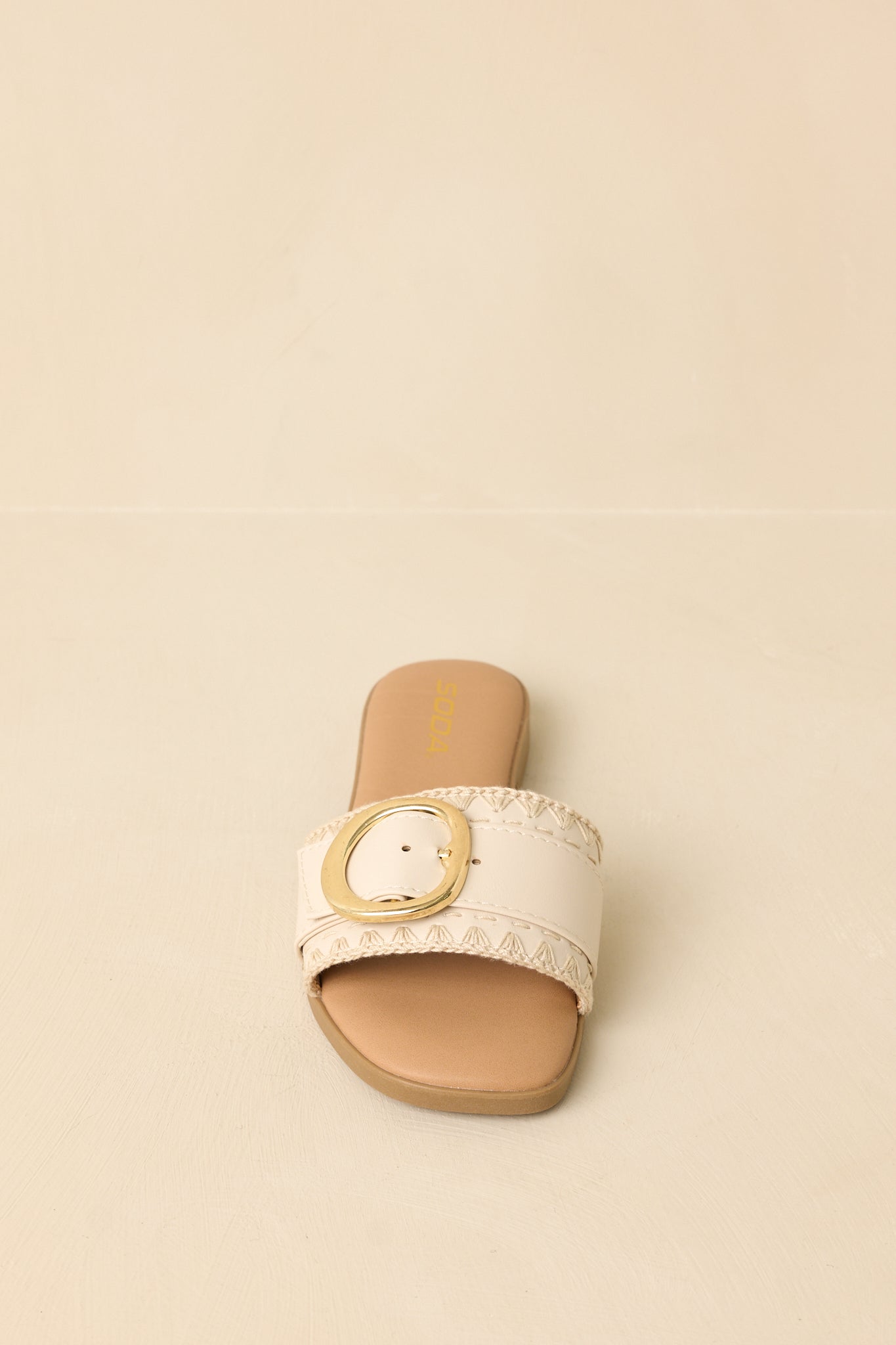 New Adventures Beige Faux Leather Buckle Strap Slide Sandals