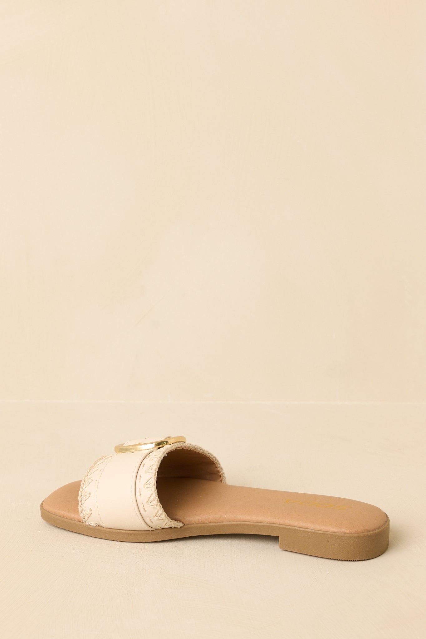 New Adventures Beige Faux Leather Buckle Strap Slide Sandals