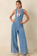 Smooth Operator Light Wash Cotton Denim Sleeveless Jumpsuit