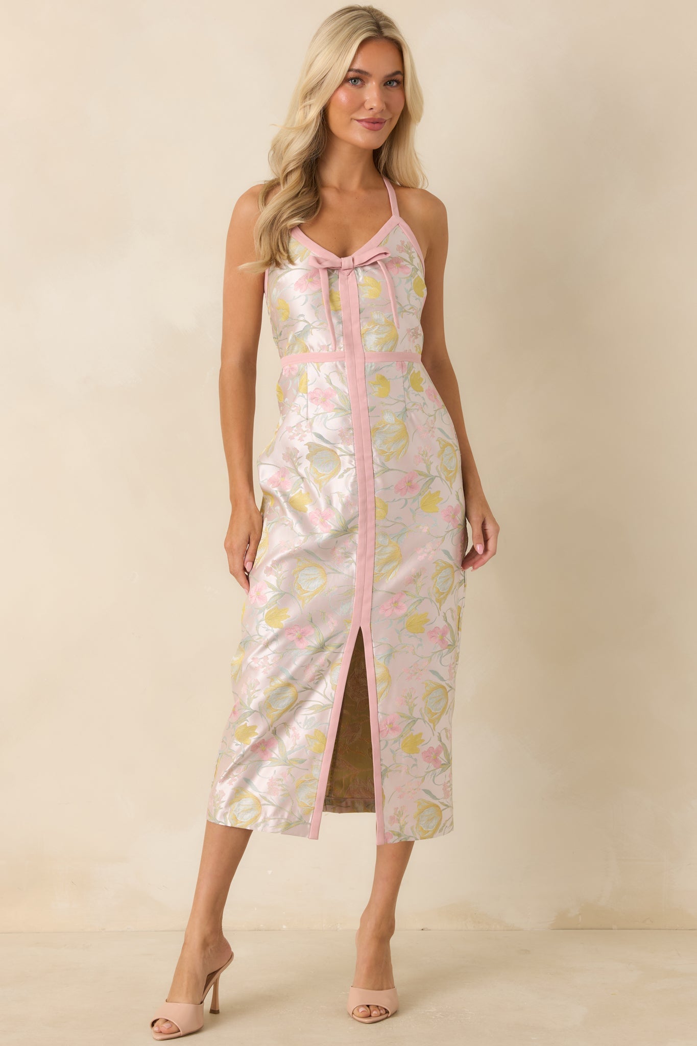 Pinkies Up Pink Shimmer Floral Jacquard Midi Dress