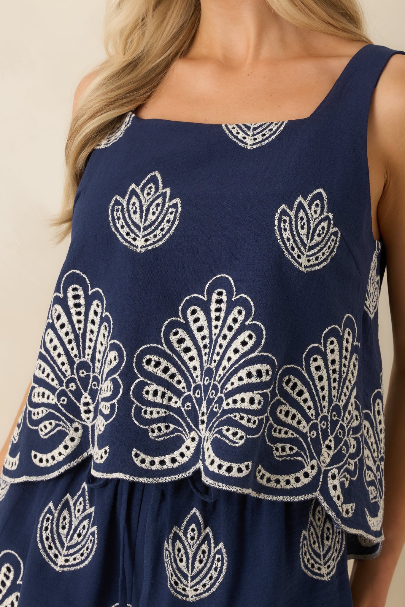 All The Possibilities Navy Embroidered Cotton Open Back Tank