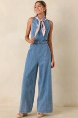 Smooth Operator Light Wash Cotton Denim Sleeveless Jumpsuit