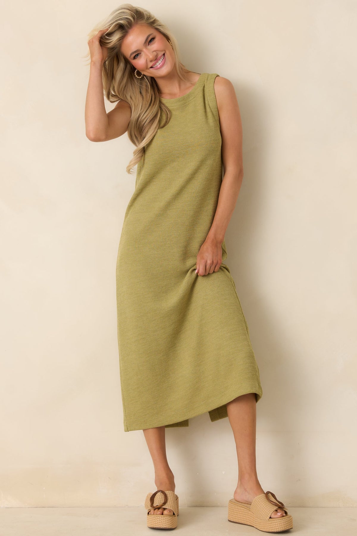 Soft Horizons Olive Green Rib Knit Button Back Midi Dress