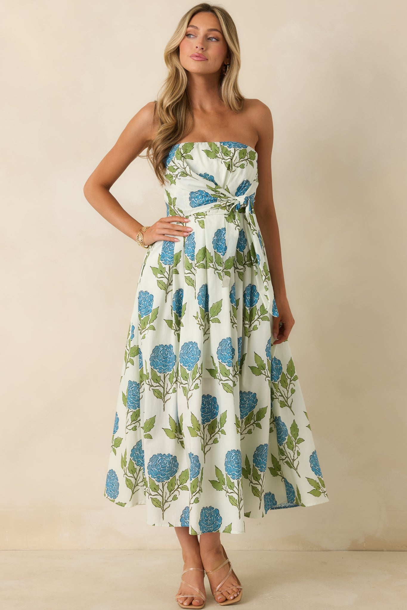 Sunday in Savannah Ivory & Blue Floral Cotton Strapless Midi Dress