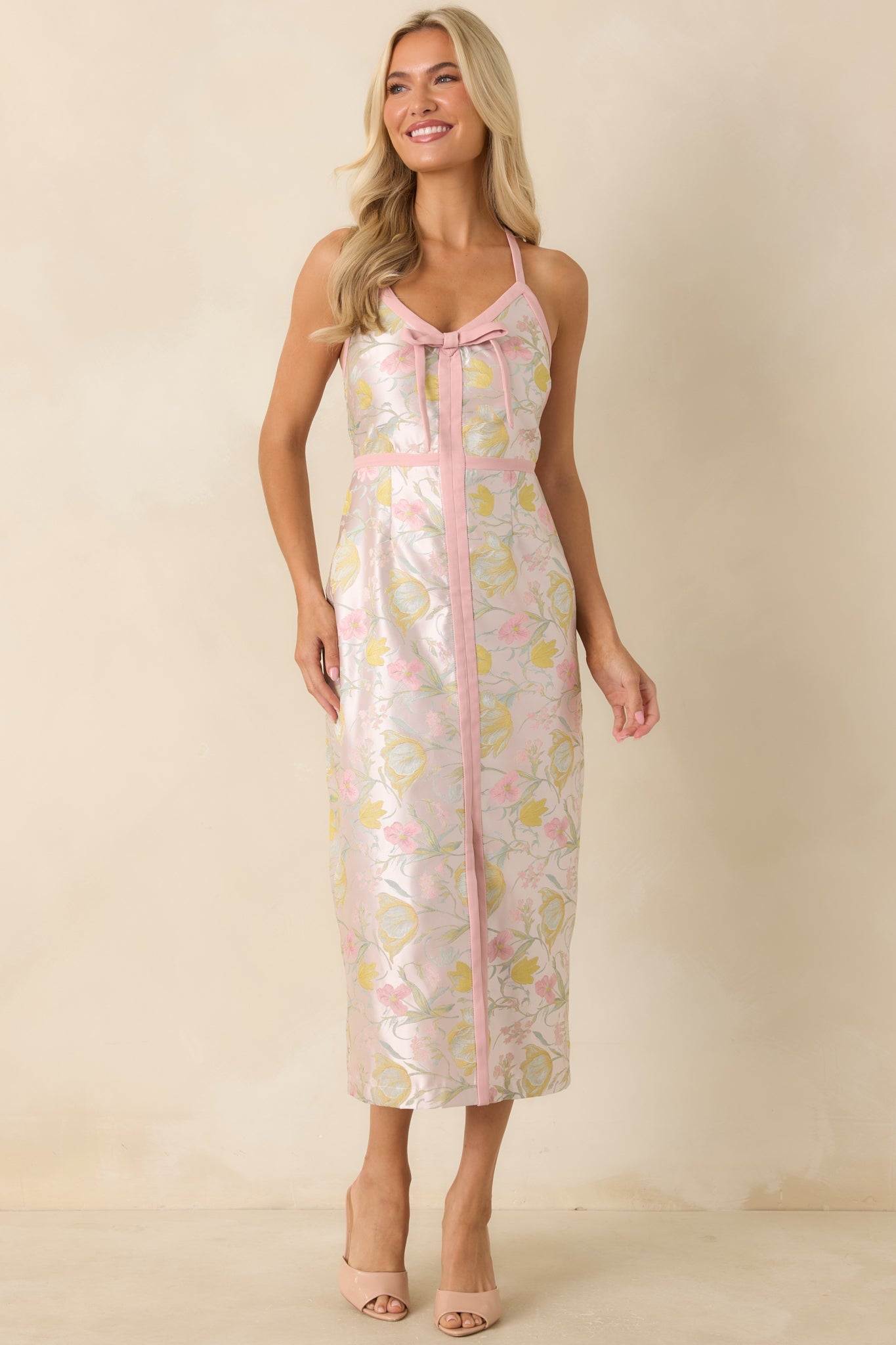 Pinkies Up Pink Shimmer Floral Jacquard Midi Dress