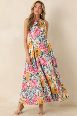 Florals in Focus Multi Floral Linen Blend Tie Front Maxi Dress