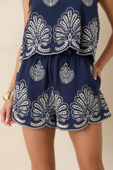 All The Possibilities Navy Cotton Embroidered Eyelet Shorts