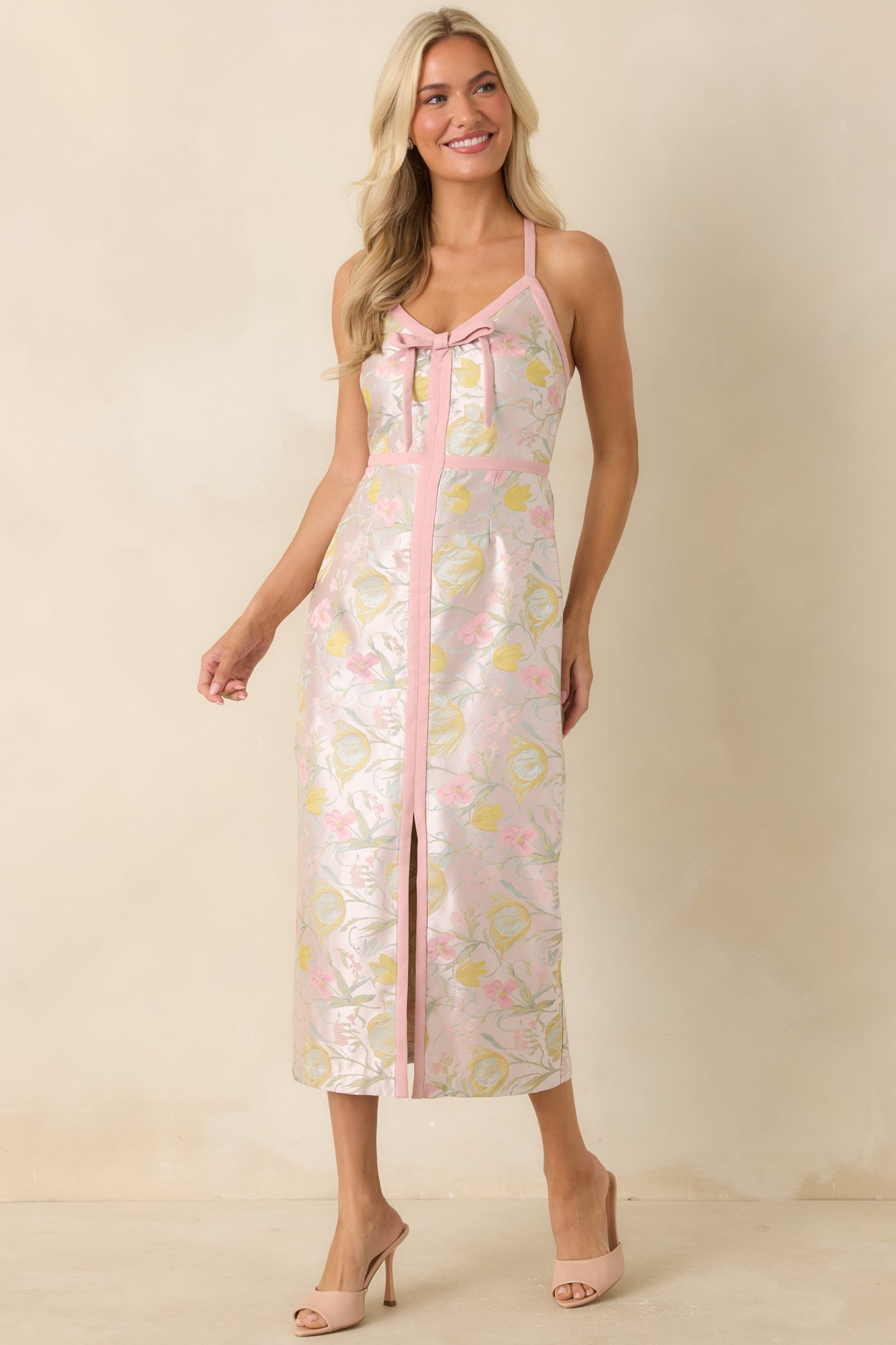 Pinkies Up Pink Shimmer Floral Jacquard Midi Dress