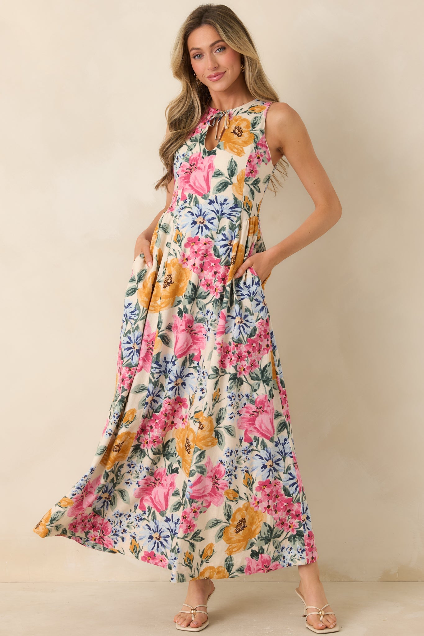 Florals in Focus Multi Floral Linen Blend Tie Front Maxi Dress