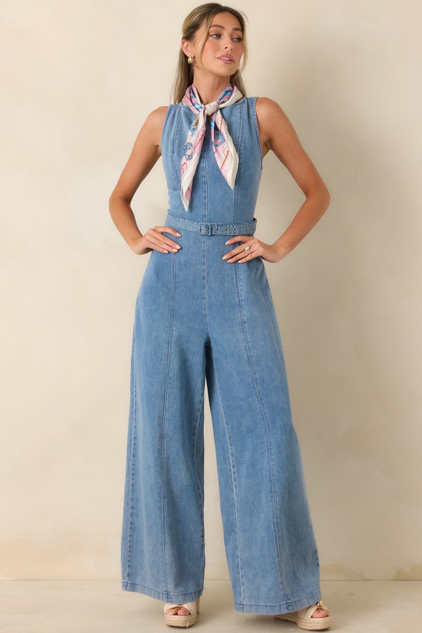 Smooth Operator Light Wash Cotton Denim Sleeveless Jumpsuit