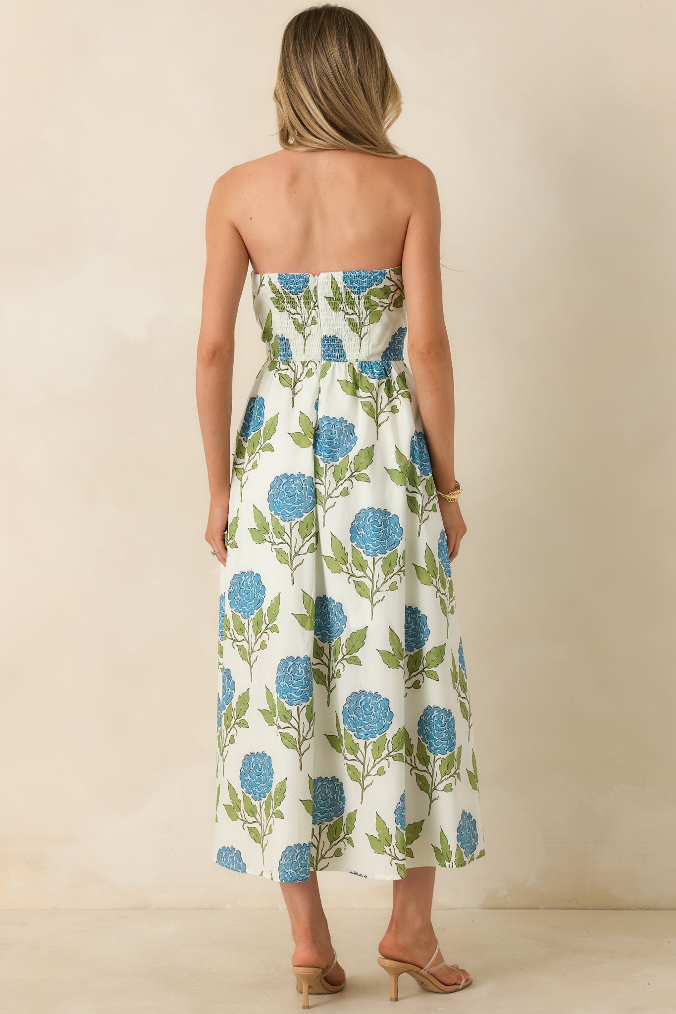 Sunday in Savannah Ivory & Blue Floral Cotton Strapless Midi Dress