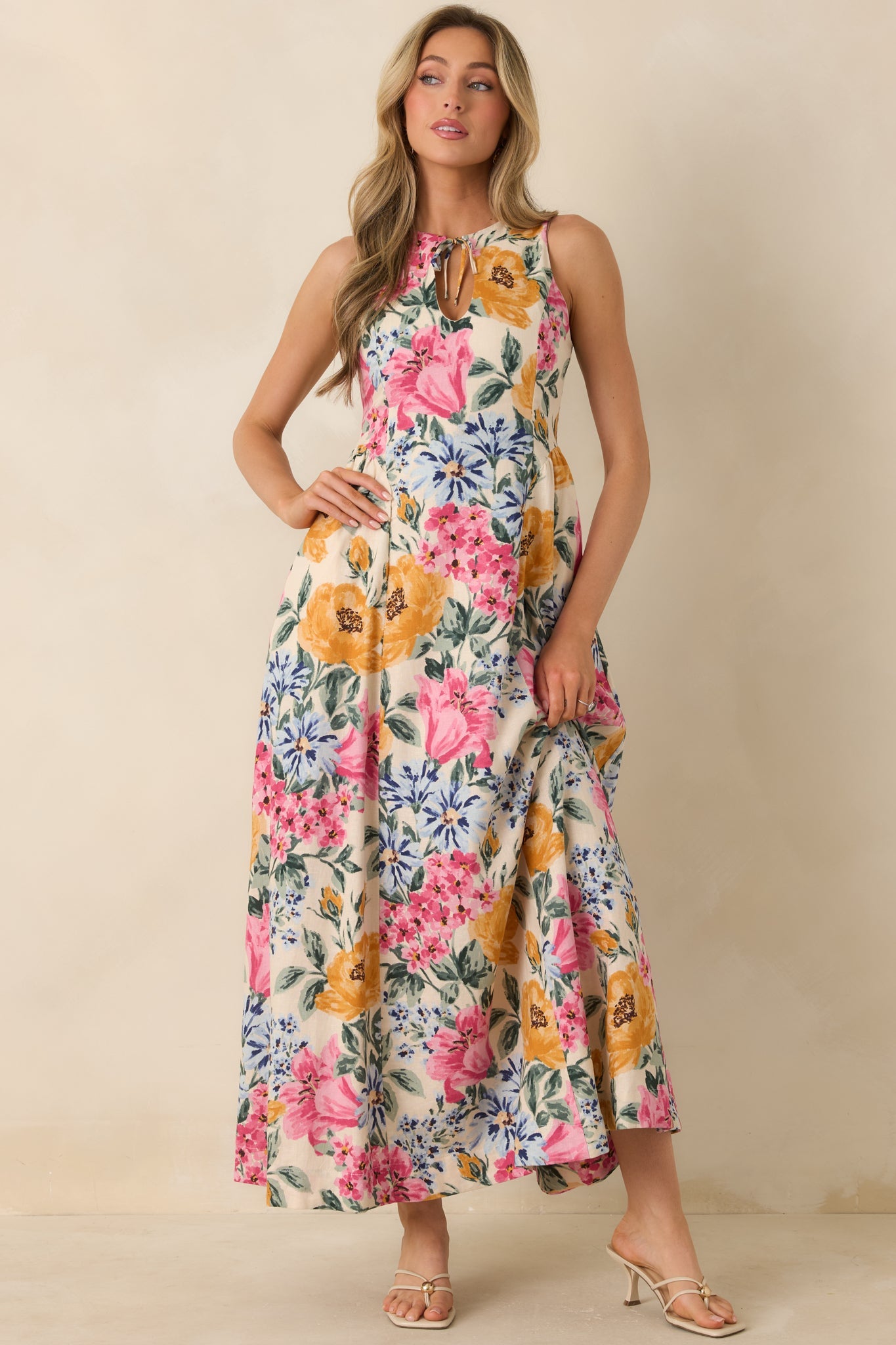 Florals in Focus Multi Floral Linen Blend Tie Front Maxi Dress