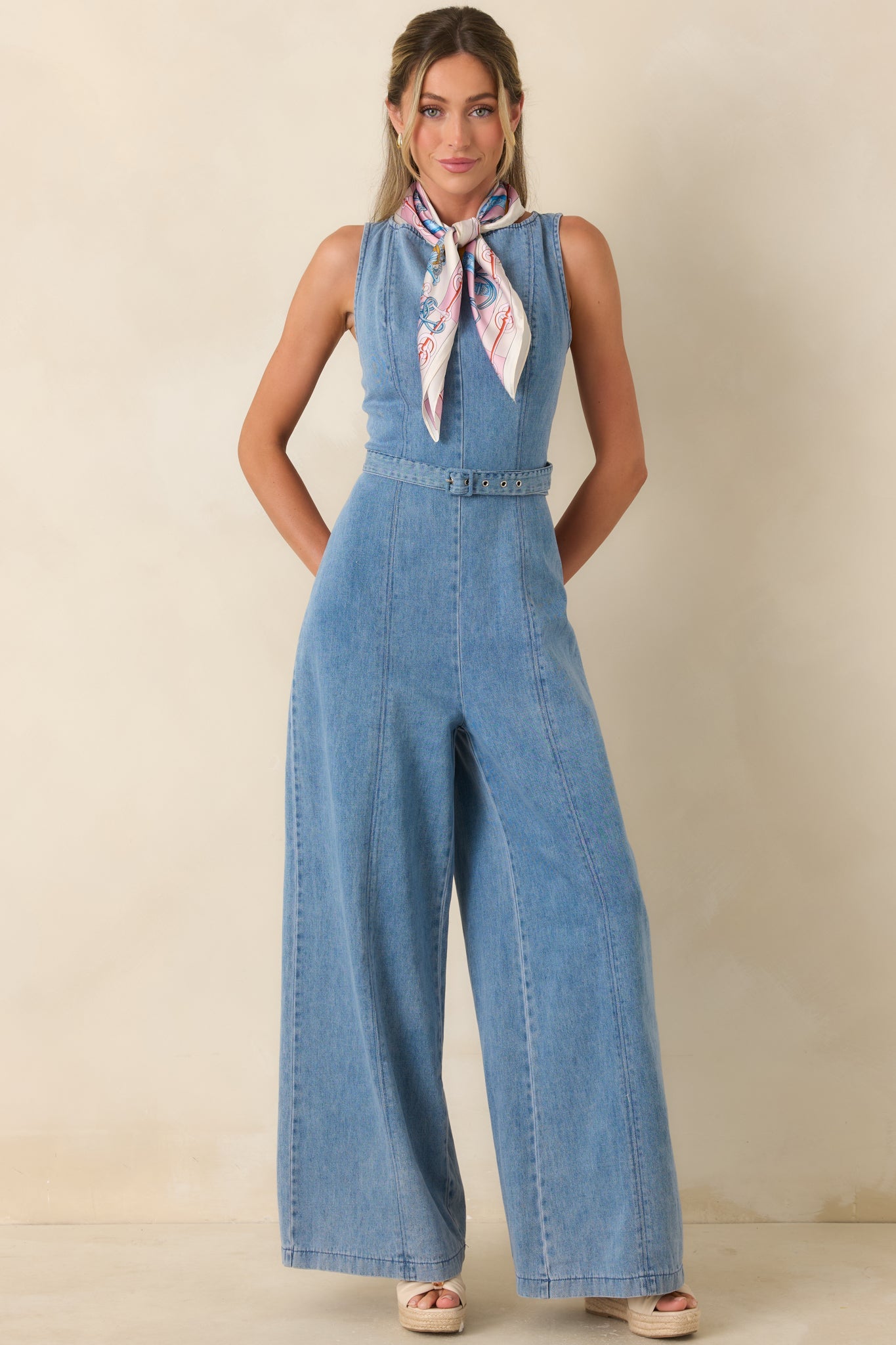 Smooth Operator Light Wash Cotton Denim Sleeveless Jumpsuit