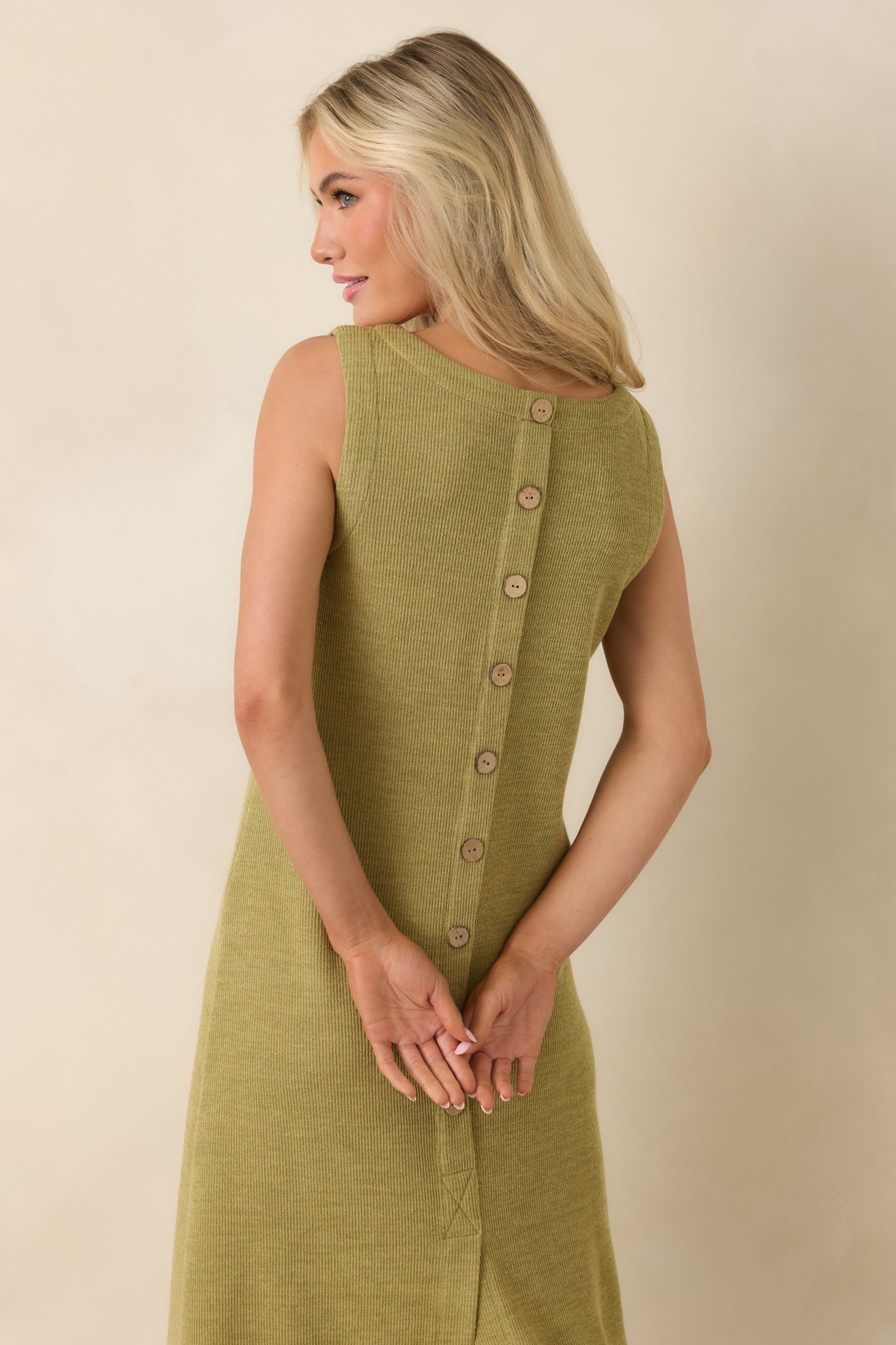 Soft Horizons Olive Green Rib Knit Button Back Midi Dress