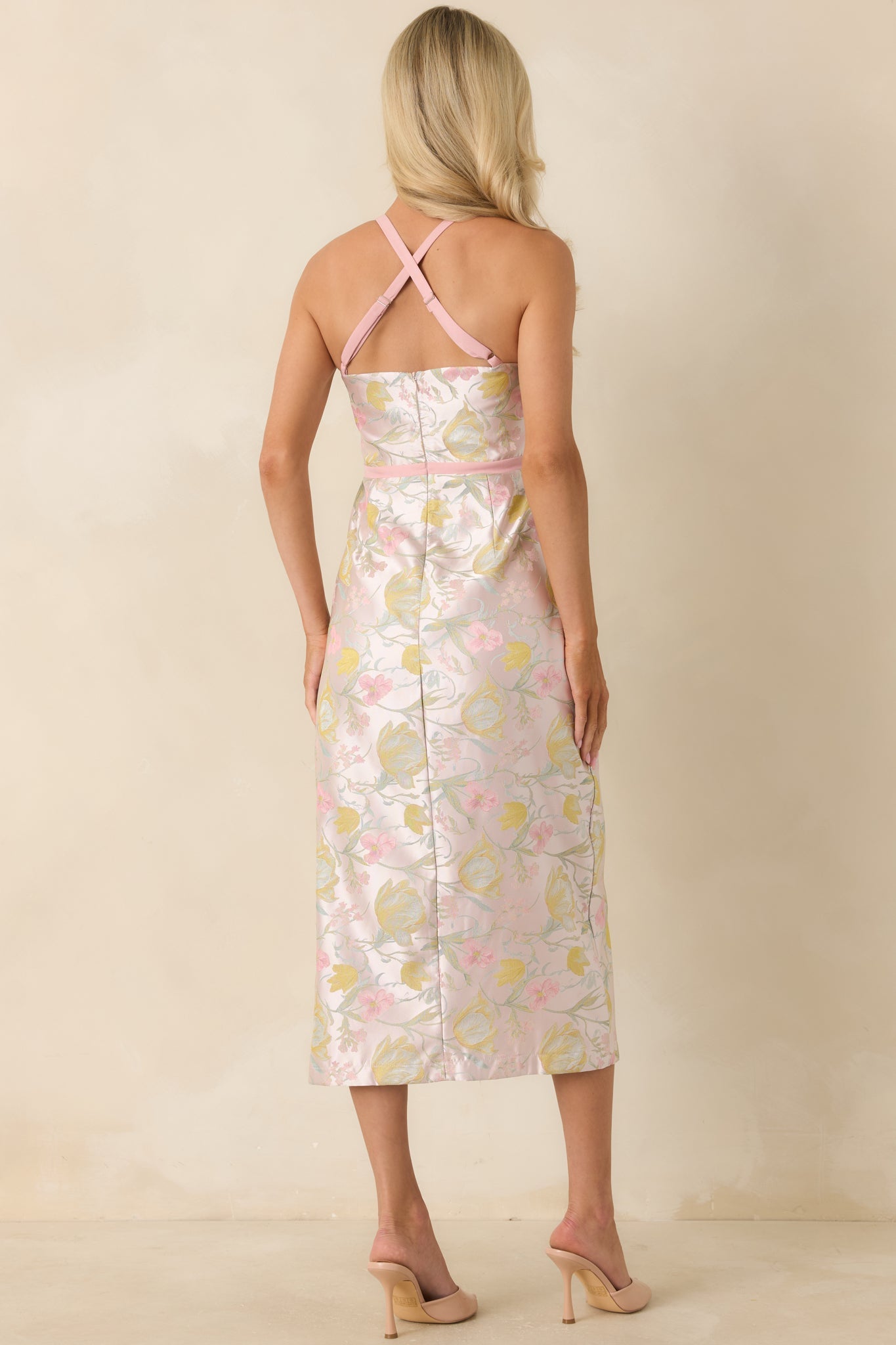 Pinkies Up Pink Shimmer Floral Jacquard Midi Dress