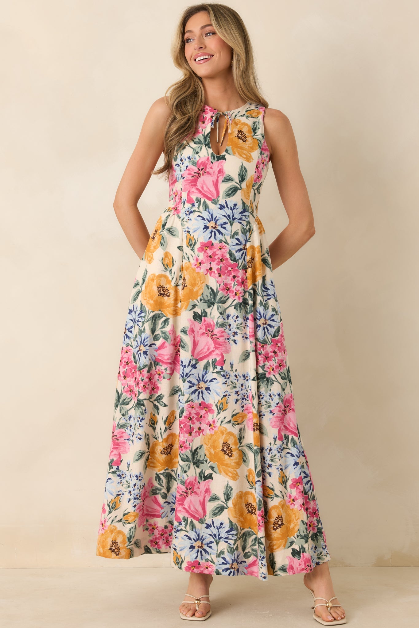 Florals in Focus Multi Floral Linen Blend Tie Front Maxi Dress
