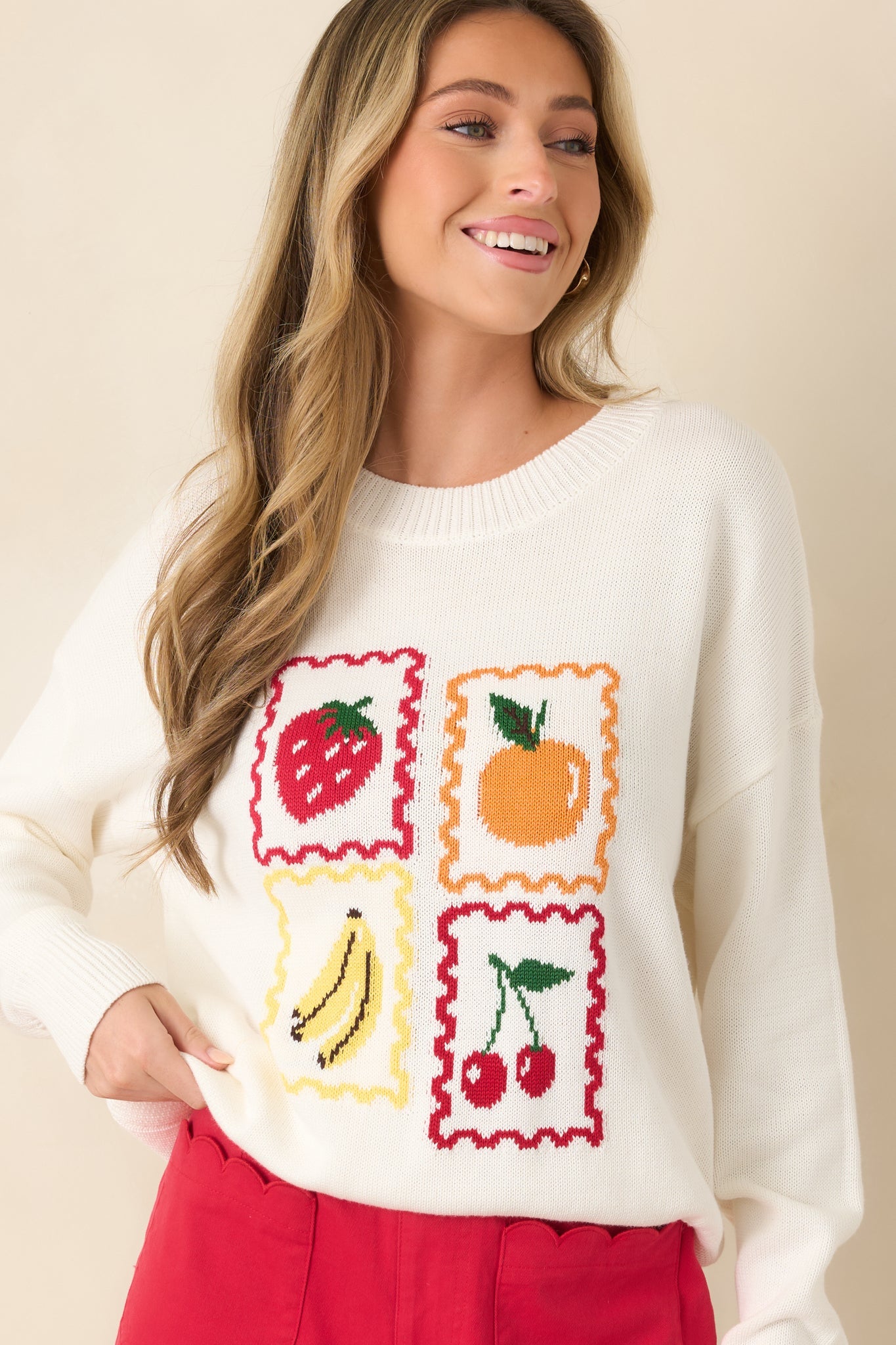 Sweet Selections White Multi Knit Fruit Sweater