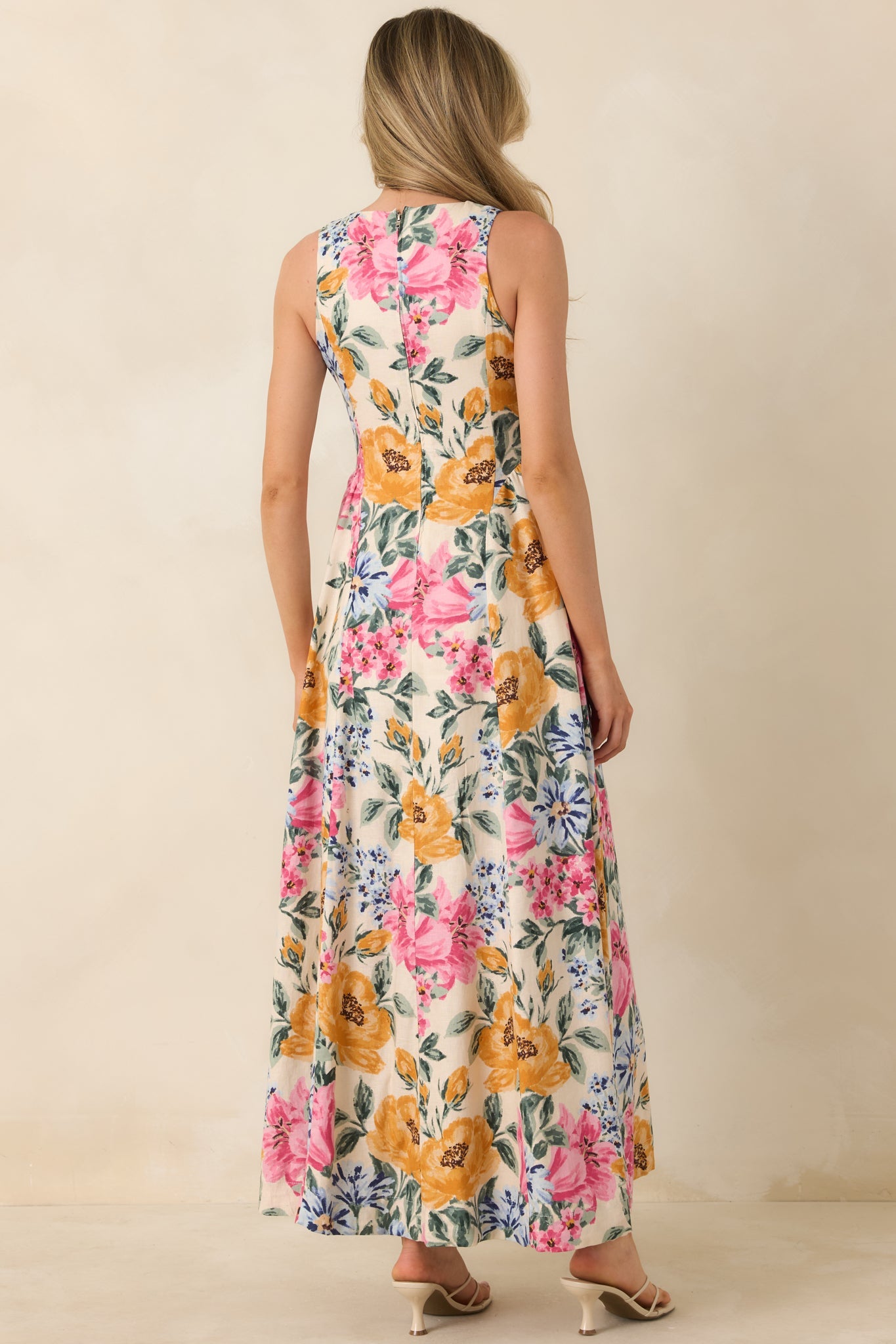 Florals in Focus Multi Floral Linen Blend Tie Front Maxi Dress