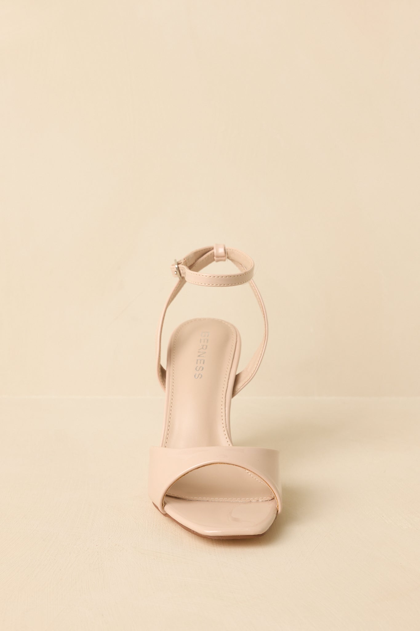 Strut Your Stuff Beige Faux Patent Leather Ankle Strap Heels