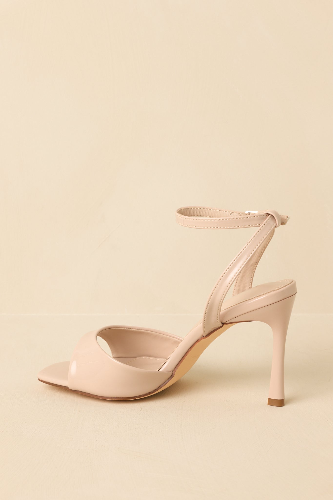 Strut Your Stuff Beige Faux Patent Leather Ankle Strap Heels