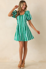 Stripe It Lucky Green & Mint Cotton Puff Sleeve Mini Dress