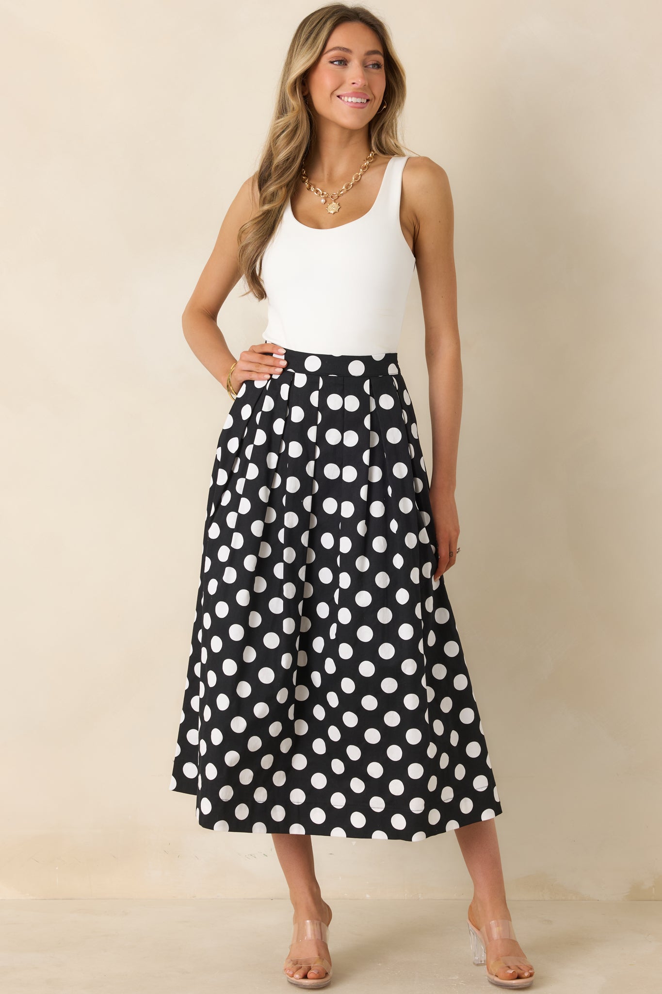 Lovely Little Thing Black Polka Dot Cotton Pleated Maxi Skirt
