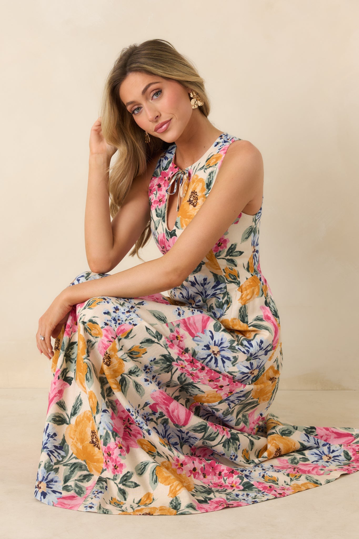 Florals in Focus Multi Floral Linen Blend Tie Front Maxi Dress