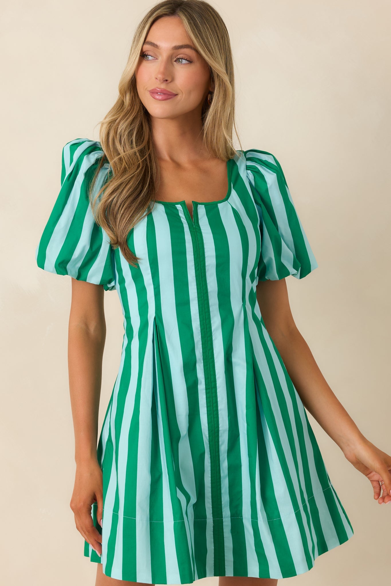 Stripe It Lucky Green & Mint Cotton Puff Sleeve Mini Dress