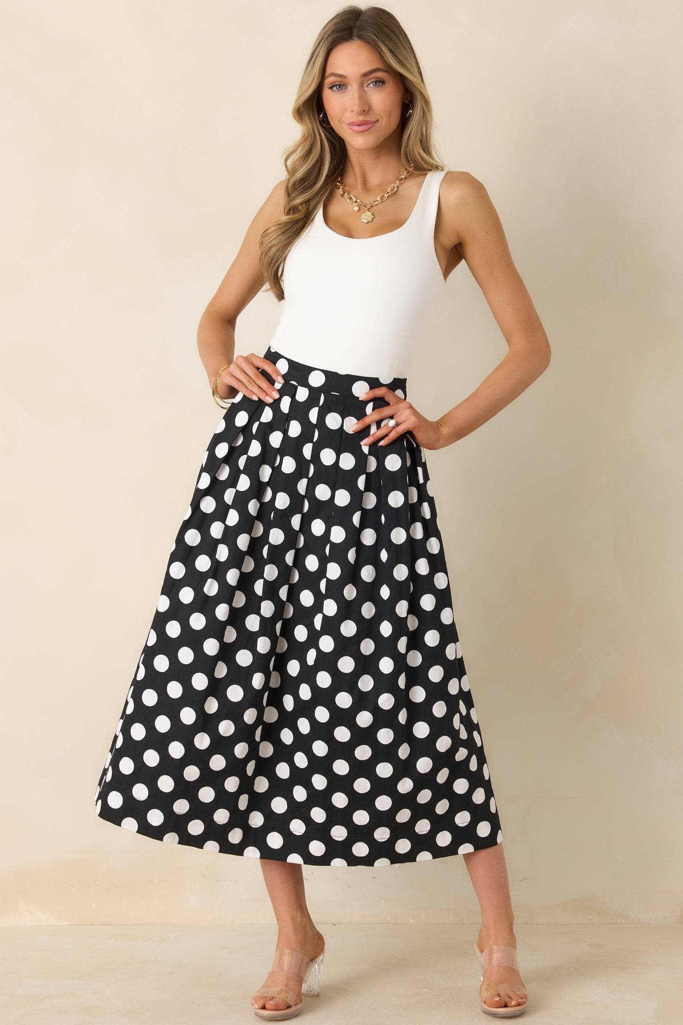 Lovely Little Thing Black Polka Dot Cotton Pleated Maxi Skirt