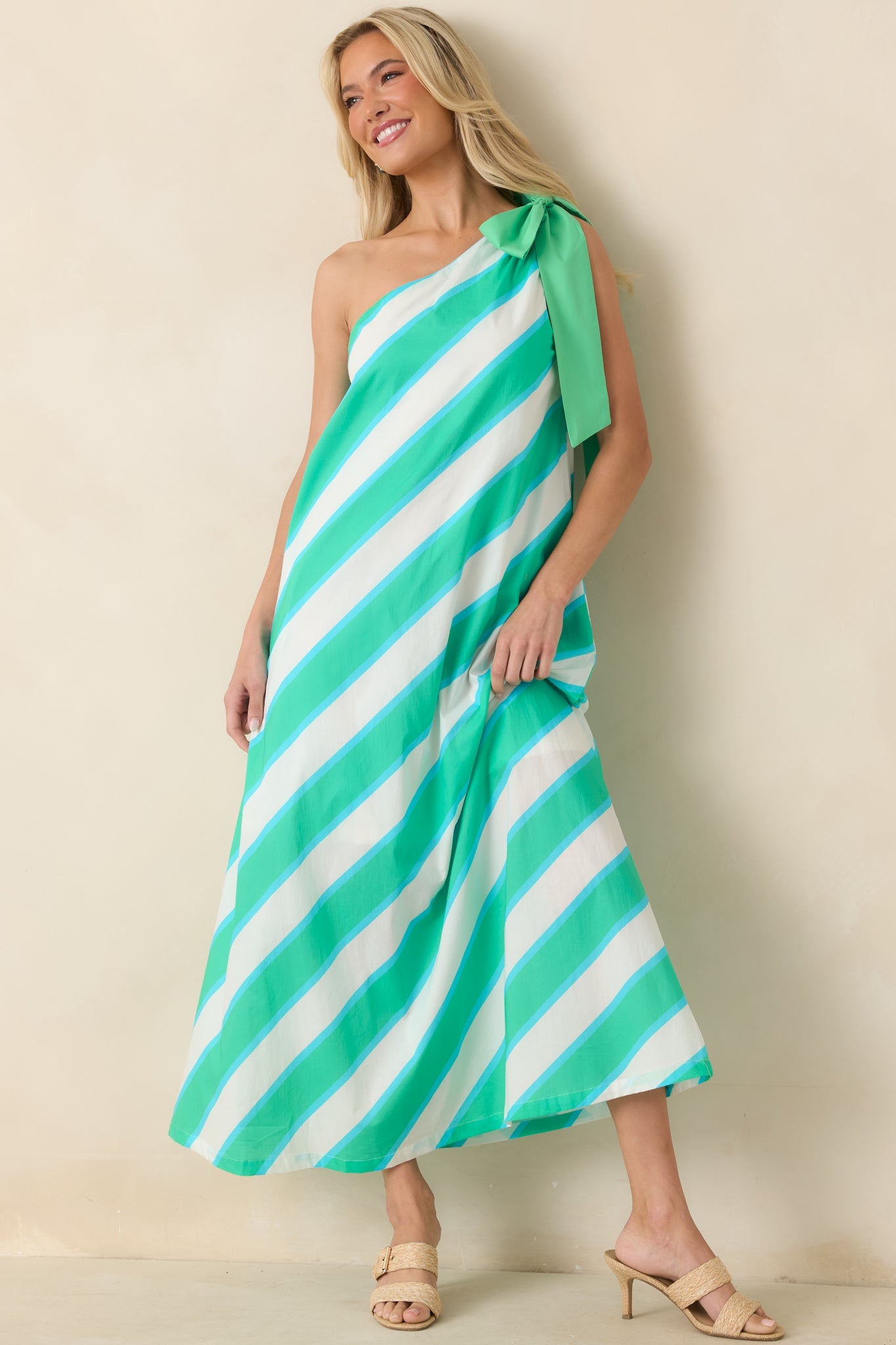 Mint Condition Aqua Blue & Mint Stripe One Shoulder Maxi Dress