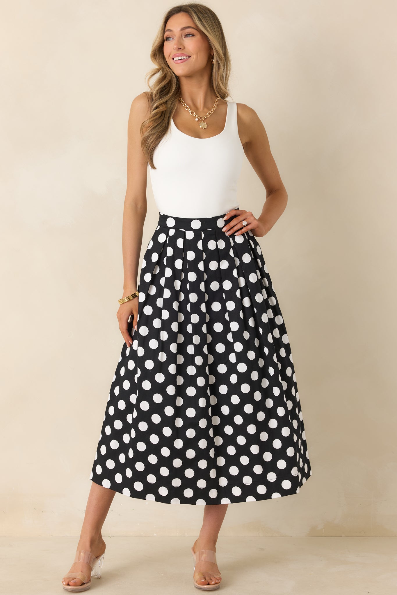 Lovely Little Thing Black Polka Dot Cotton Pleated Maxi Skirt