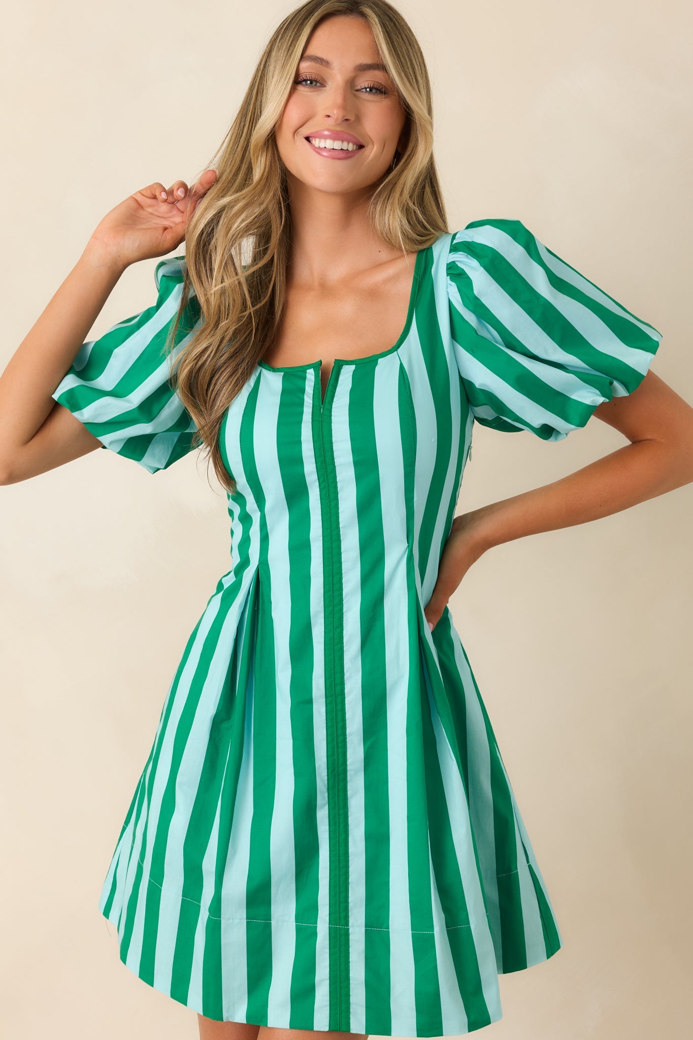 Stripe It Lucky Green & Mint Cotton Puff Sleeve Mini Dress