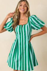 Stripe It Lucky Green & Mint Cotton Puff Sleeve Mini Dress