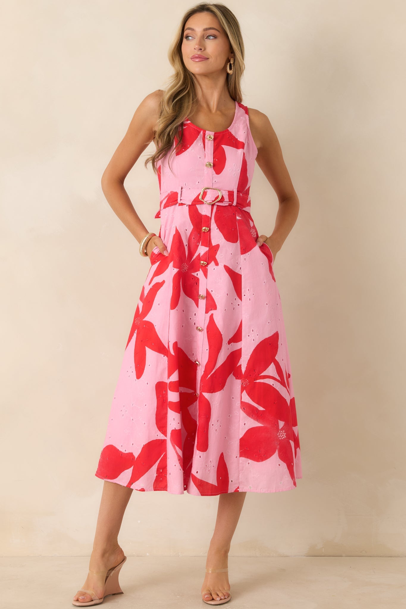 The Poetry of You Pink & Red Floral Embroidered Eyelet Cotton Midi Dress