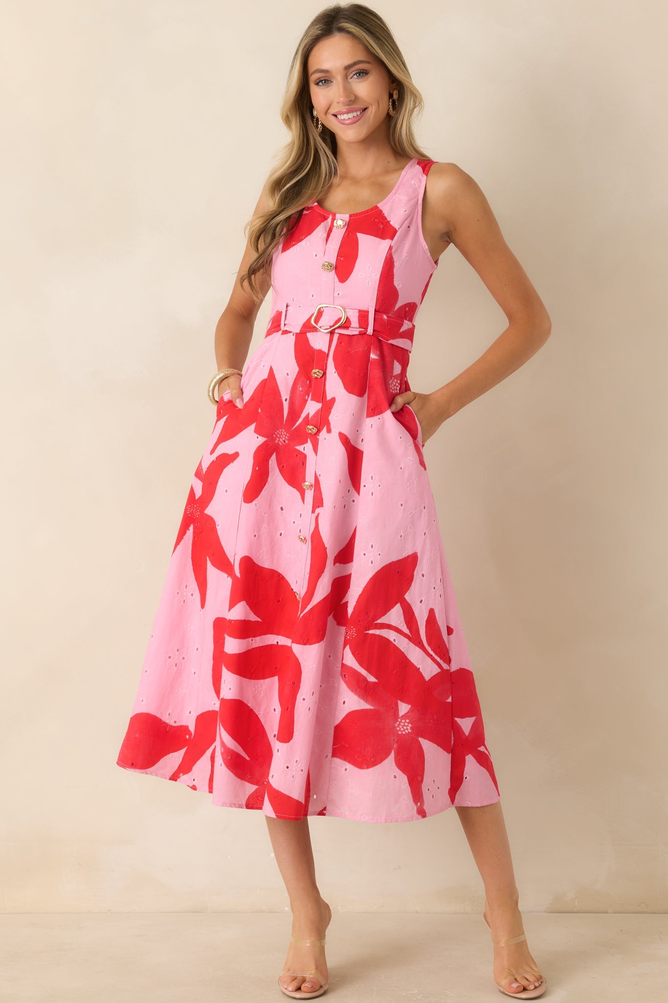 The Poetry of You Pink & Red Floral Embroidered Eyelet Cotton Midi Dress