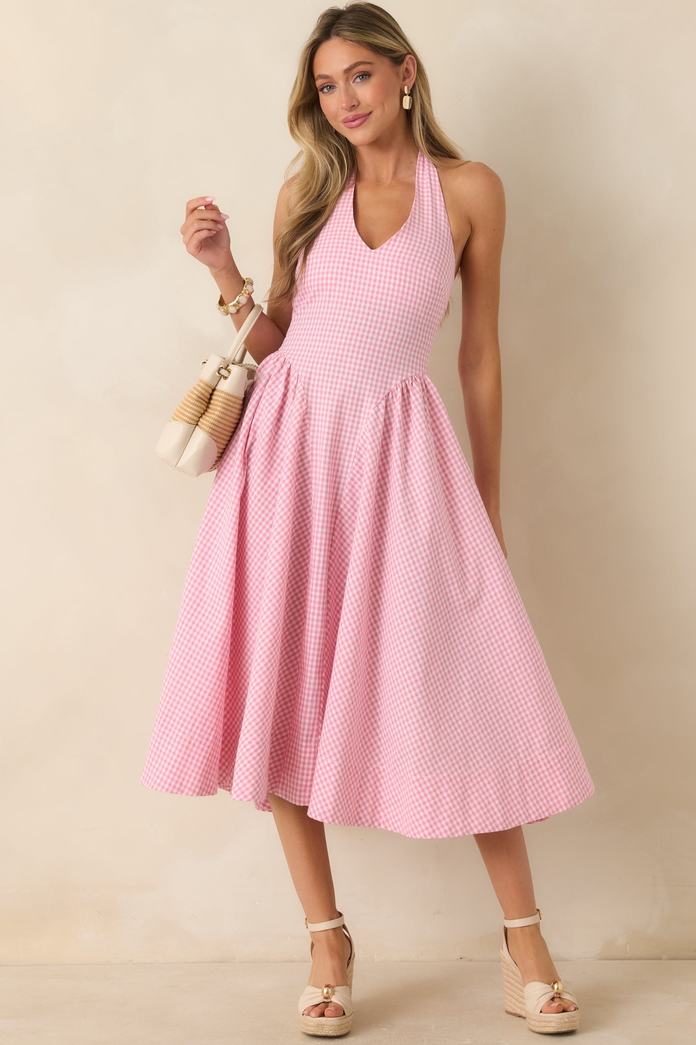 ASTR The Label Meana Pink Cotton Gingham Halter Midi Dress