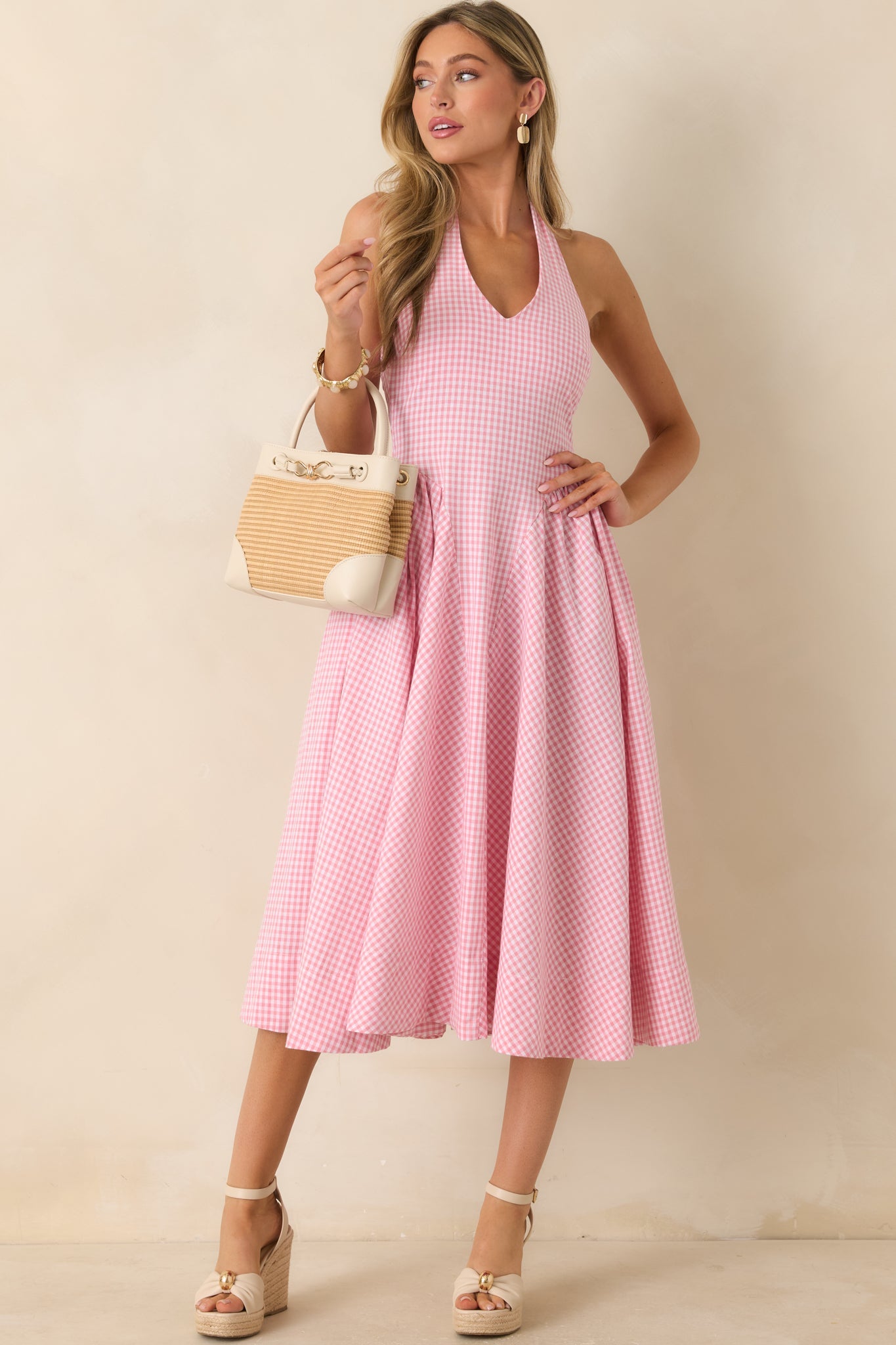 ASTR The Label Meana Pink Cotton Gingham Halter Midi Dress