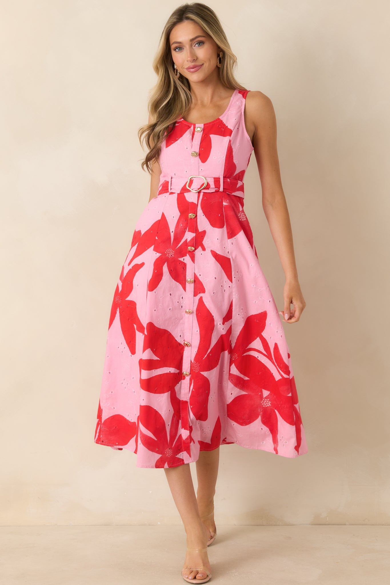 The Poetry of You Pink & Red Floral Embroidered Eyelet Cotton Midi Dress