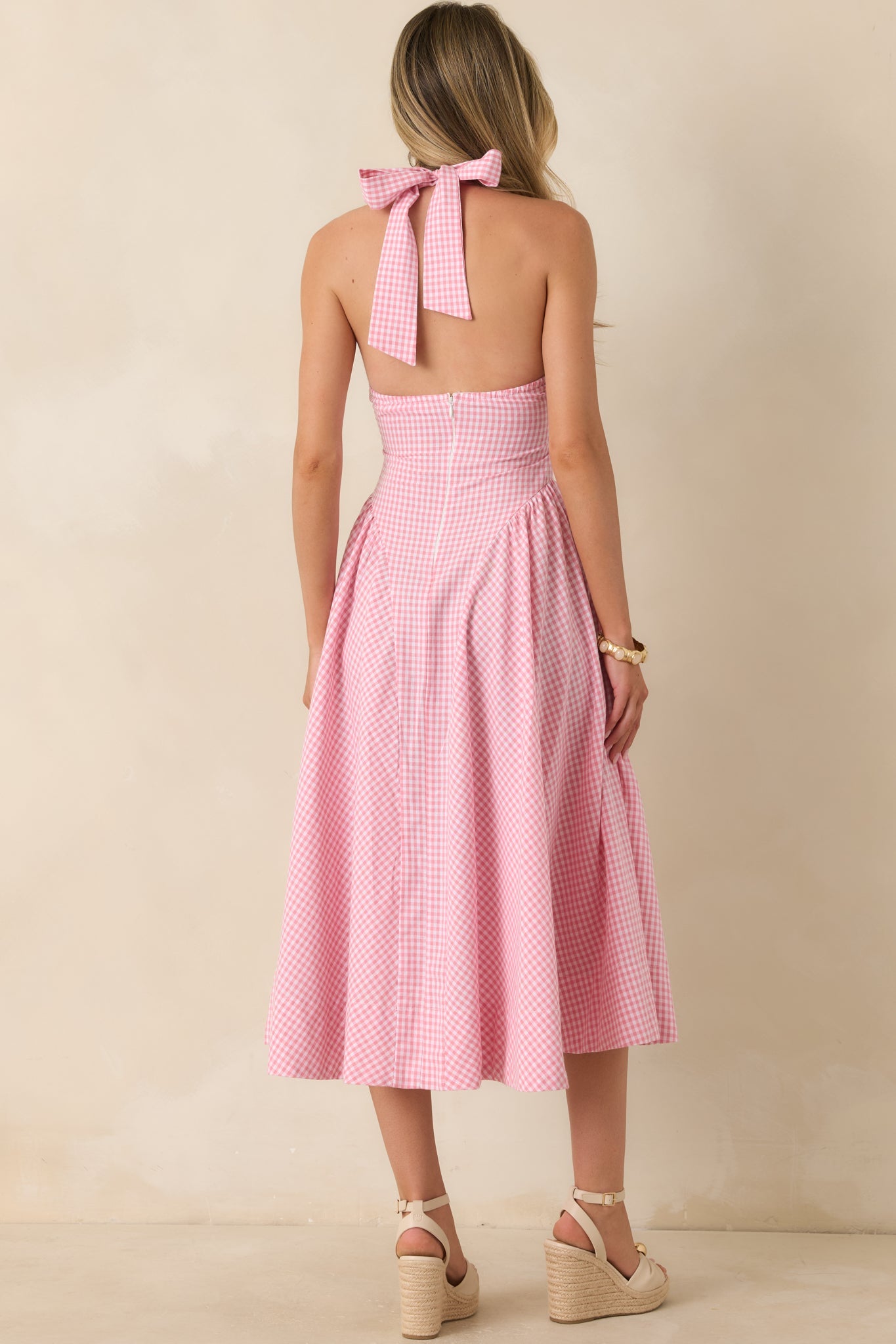 ASTR The Label Meana Pink Cotton Gingham Halter Midi Dress
