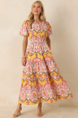 Love You More Pink & Marigold Scarf Print Cotton Midi Dress