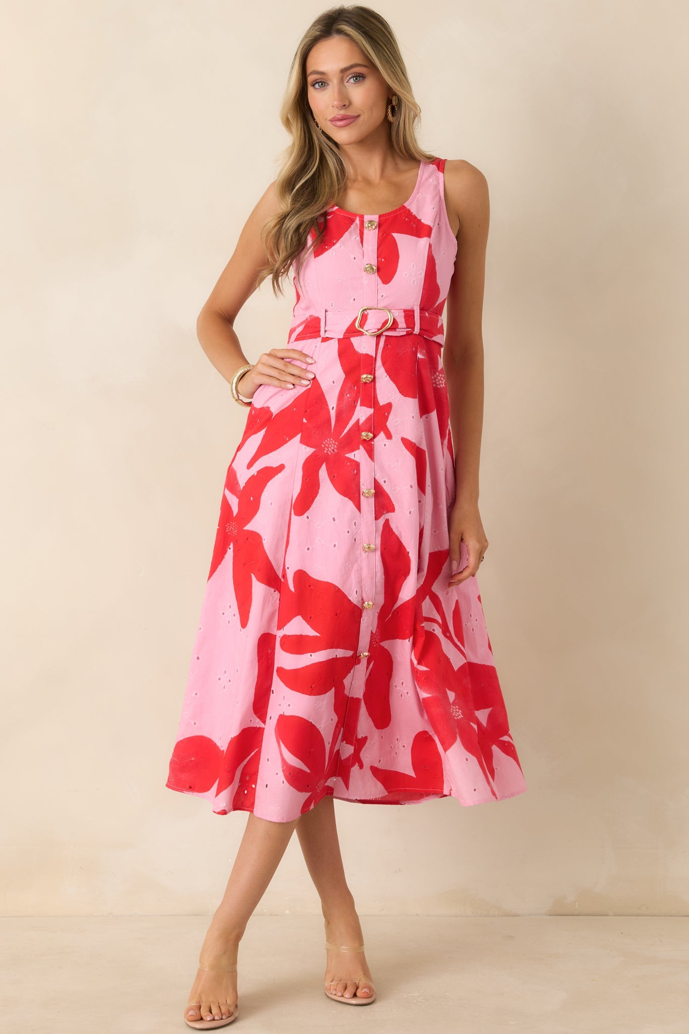 The Poetry of You Pink & Red Floral Embroidered Eyelet Cotton Midi Dress