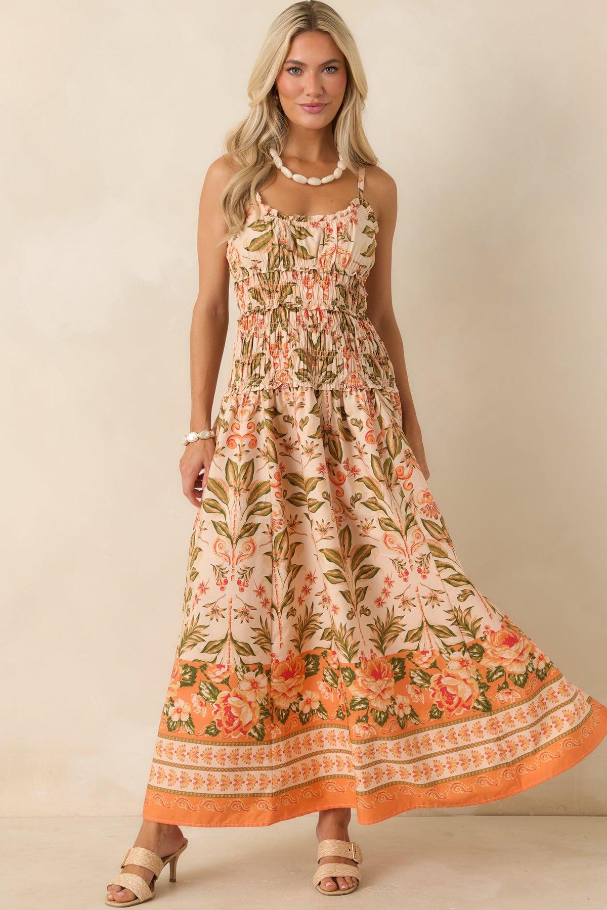 Slow Summer Peach & Green Floral Cotton Maxi Dress