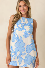 MINKPINK Alessia Blue & Ivory Floral Cotton Blend Mini Shift Dress