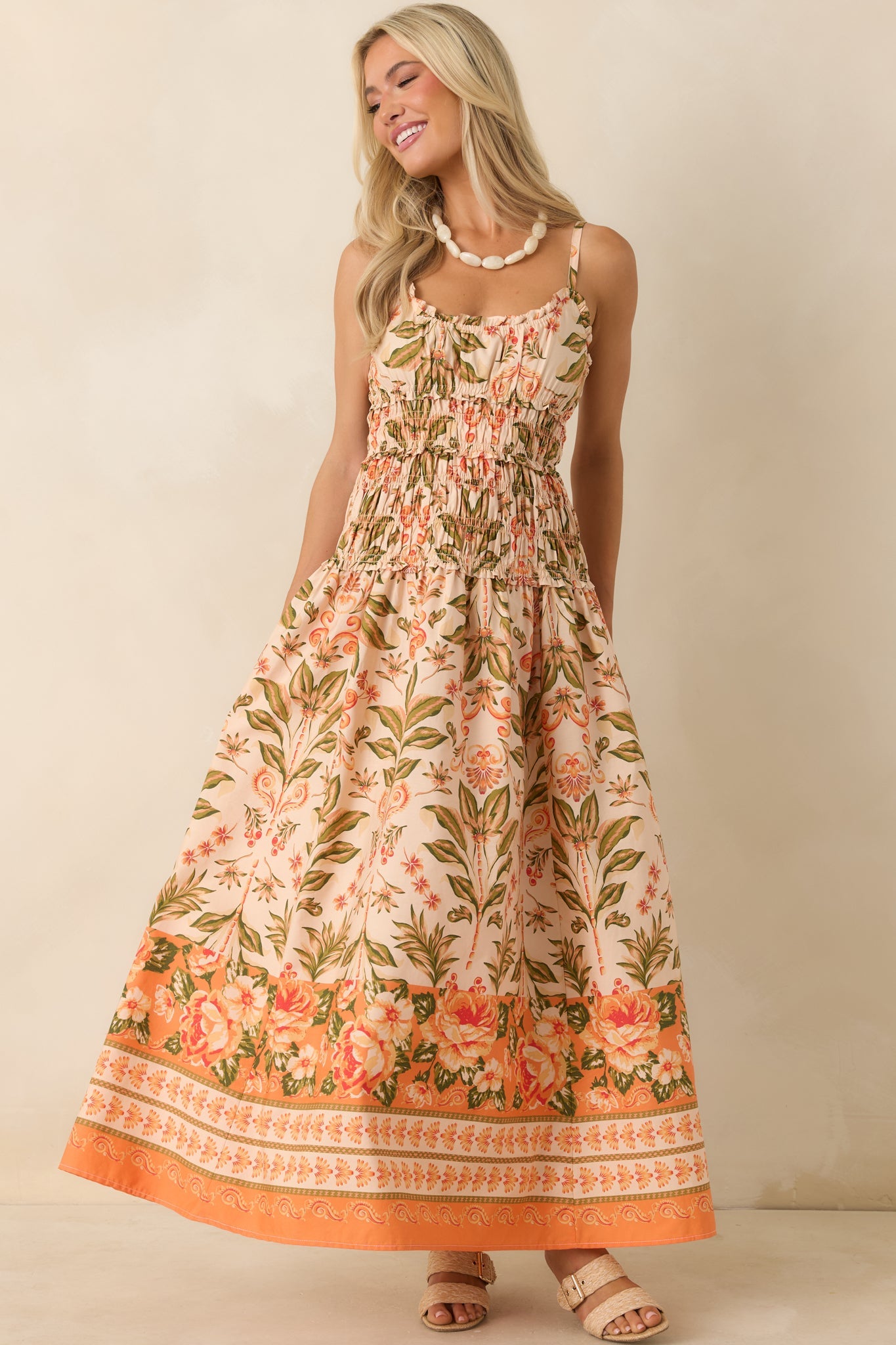 Slow Summer Peach & Green Floral Cotton Maxi Dress
