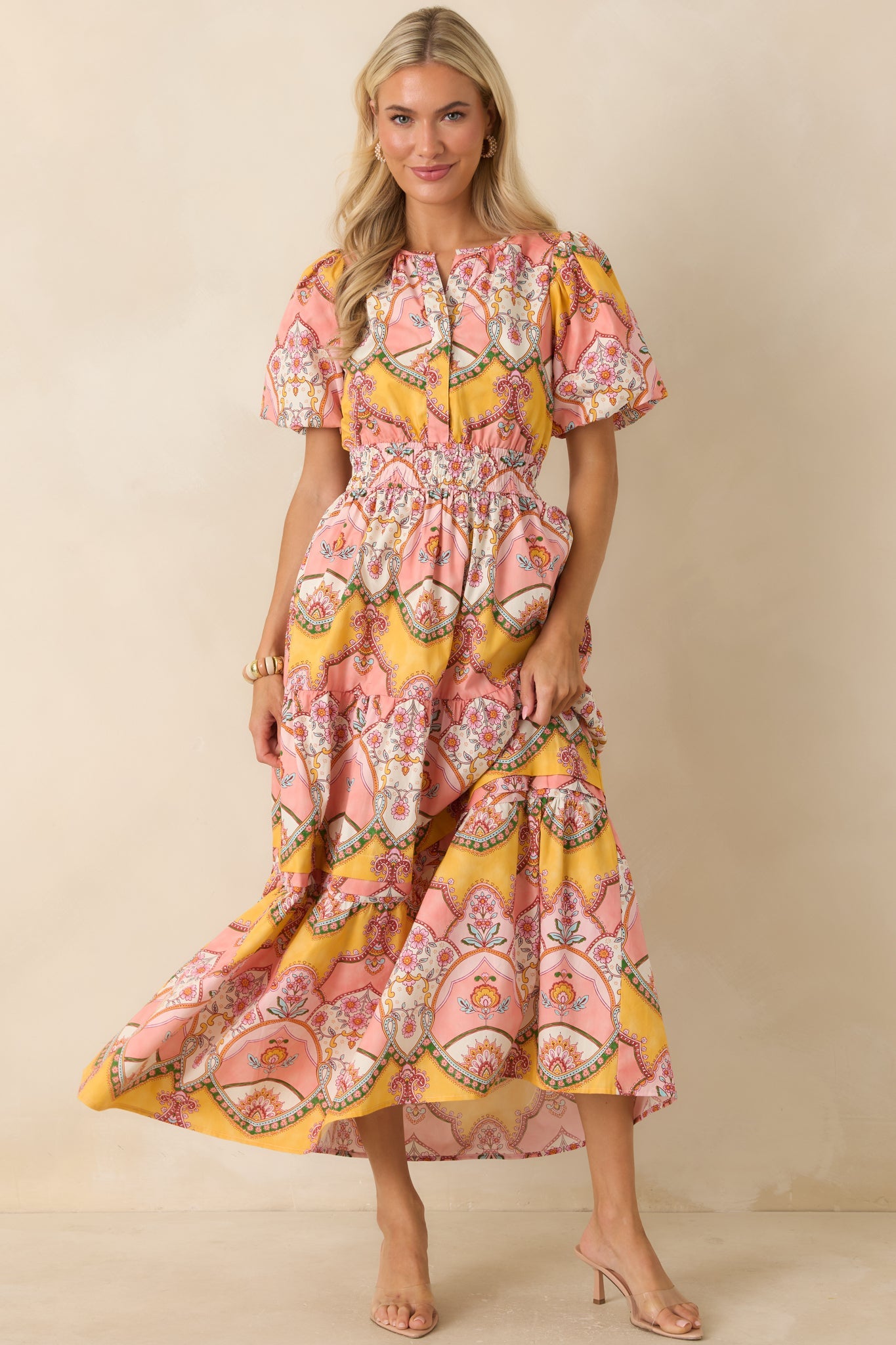 Love You More Pink & Marigold Scarf Print Cotton Midi Dress